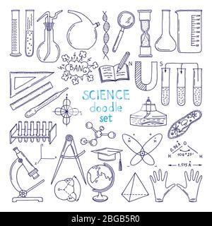 Tools of sciences isolated on white. Technology equipment, biology class. Hand drawn illustrations Stock Vector