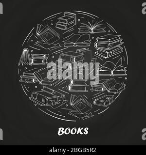 Chalk sketch books on blackboard - library round concept design. Vector illustration Stock Vector