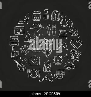 Chalk drawn wedding icons round concept on blackboard for marriage. Vector illustration Stock Vector