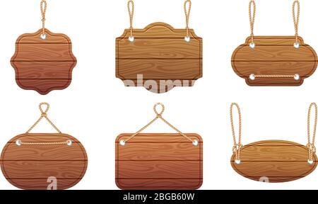 Hanging signs with wood texture isolate on white background. Vector illustration set Stock Vector