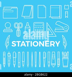 Line style stationery icons collection. Vector office stationery pencil, marker and pen, brush and ballpoint illustration, stapler, paintbrush, Stock Vector