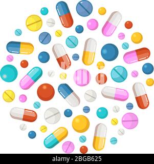 Healthy elements in circle shape background. Vector icons of drugs, long tablets and round pills Stock Vector