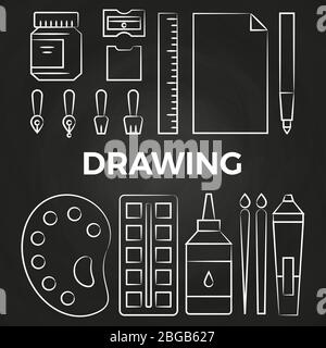 Hand drawn linear drawing stationery icons on chalkboard. Vector illustration Stock Vector
