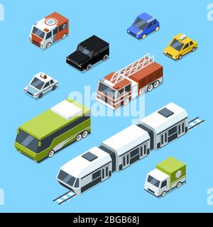 Vector isometric transport, 3d car icons set isolate on white background. Urban traffic pictures Stock Vector