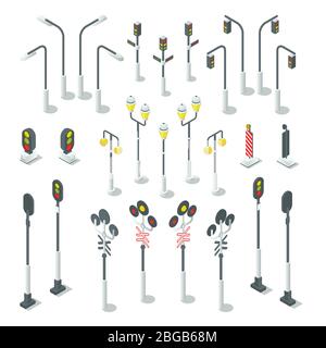 Isometric traffic light, street lamps. Urban vector illustration Stock Vector