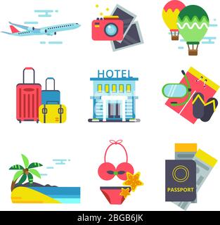 Travel time icon set in flat style. Vector signs of summer holidays. Sea, waves and other symbols of traveling Stock Vector