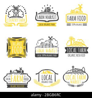 Yellow and grey hand drawn farm market organic food labels set. Vector illustration Stock Vector