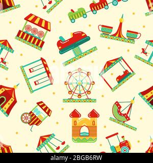 Amusement park with carousel, circus and other attractions. Vector seamless pattern Stock Vector