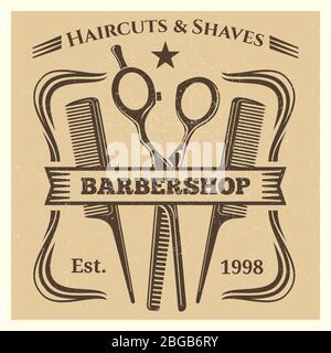 Vintage retro barbershop label desing on grunge background. Vector illustration Stock Vector