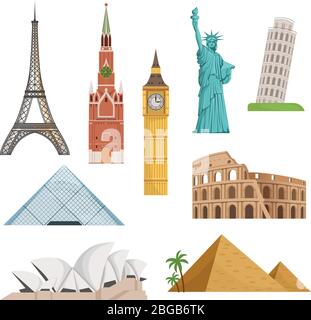Different world famous symbols set isolate on white. Historical buildings, landmarks. Vector illustrations Stock Vector