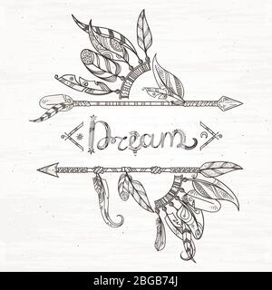 Hand drawn arrow with feathers. Tribal boho indian talisman isolated on ...