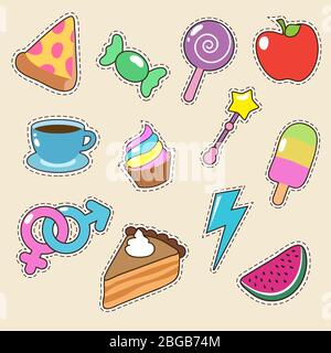Fruit, pizza, coffee and candy stickers vector icons. Girl fashion patches collection. Illustration of candy food, colorful caramel and coffee, pizza and apple Stock Vector