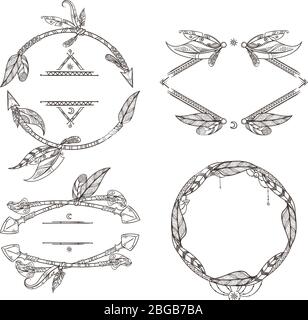 Frames set of feathers arrows and other decorative elements in boho style. Vector illustrations Stock Vector