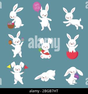 Easter cute happy bunny rabbit vector characters set. Easter bunny or rabbit, cute cartoon spring character illustration
