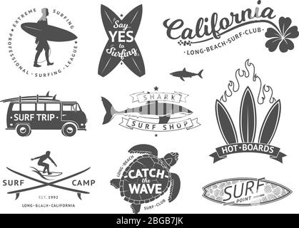 Surf boards emblem and badges vector set. Signs and elements for summer labels design Stock Vector