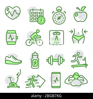 Fitness and Gym line icons on white Stock Vector