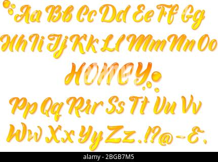 Liquid honeyed latin alphabet with gold splashes. Hand writing yellow letters vector set Stock Vector
