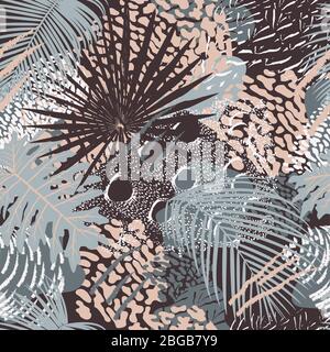 Tropical leaves and birds plumage seamless pattern vector illustration. Animal and plant ash and pink colors print. Stock Vector