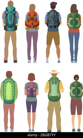 Man and woman standing with backpack outdoor. Vector pictures in cartoon style Stock Vector