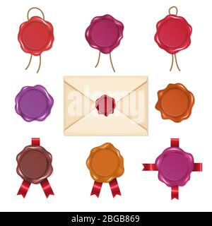 Cartoon wax seals in vintage style. Vector illustrations set isolate on white Stock Vector