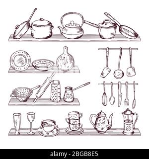 Kitchen wooden shelves with different tools. Hand drawn vector illustration isolate on white background Stock Vector