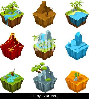 Fantasy isometric islands with vulcans, different plants and rivers. Interface elements in cartoon style. Vector pictures for computer games Stock Vector
