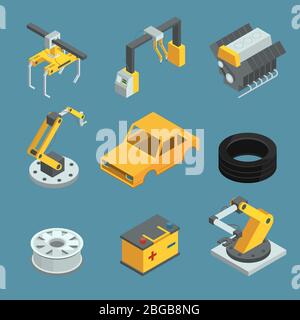 Car factory. Different technic for manufacturing process. Automated machinery line production. Industry robots. Vector isometric illustrations Stock Vector