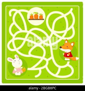 Help little bunny find path to carrot. Labyrinth for preschool children. Maze game for kids with cartoon rabbit, fox and carrot. Kids puzzle game. Vec Stock Vector
