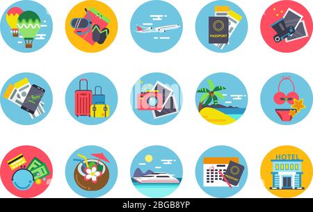 Travel icons set in colored circle shapes. Vector illustrations in flat style Stock Vector