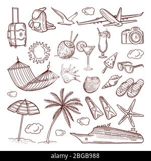 Summer time theme in hand drawn style. Vector doodles icon set Stock Vector