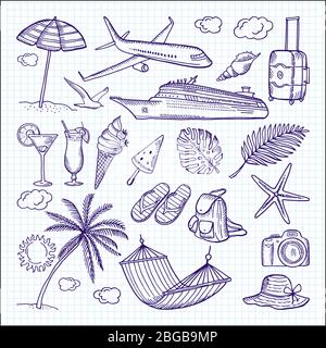 Summer hand drawn elements. Sun, umbrella, backpack and other symbols of funny vacations. Vector doodles set Stock Vector