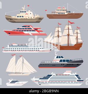 Set of different vessels. Sea boats and other big ships. Vector illustrations in flat style Stock Vector