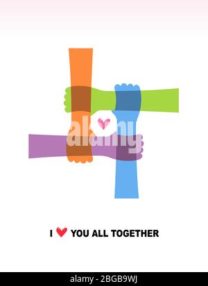 Four hands are connected, and there are hearts in the middle. I love you all together. Concept Stock Vector