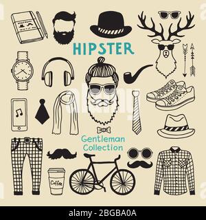 Hipster style elements set of male character. Hand drawn funky elements for your design project Stock Vector