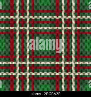 Seamless knitting vector pattern as a tartan plaid mainly in green hues with red and white lines Stock Vector