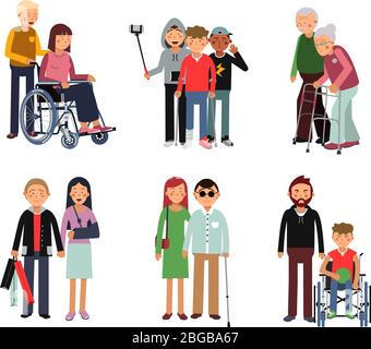 Disabled person with his helpful friends or volunteers. Vector flat style illustration of humans Stock Vector