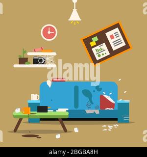 Sofa in dirty organized apartment. Different trashes in room. Flat style vector illustration Stock Vector