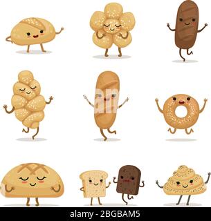 Funny bakery food with different emotions. Vector characters in cartoon style Stock Vector