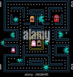 People run away from (COVID-19) Corona virus pathogen disease outbreak, risk or danger in Virus crisis concept. Arcade retro game icon design. Stock Vector