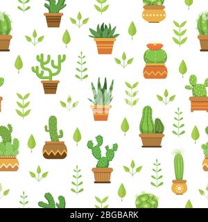 Desert plants with flowers. Cactus in pots. Vector seamless pattern Stock Vector