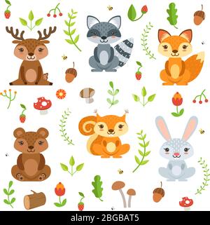 Funny forest animals and floral elements isolate on white background. Vector illustration in cartoon style Stock Vector