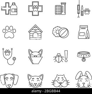 Linear icons set of veterinarian clinic. Different care tools for pets. Vector pictures isolate on white Stock Vector