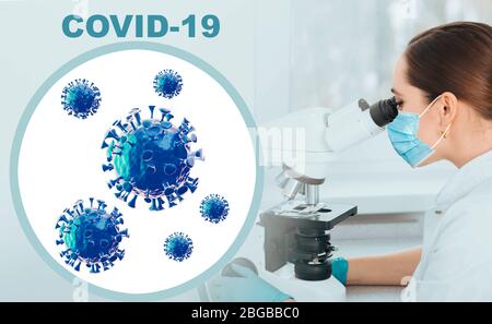 Scientist looking at COVID-19 viruses using a modern microscope to identify antibodies to develop a vaccine against Coronavirus disease. Pandemic Stock Photo