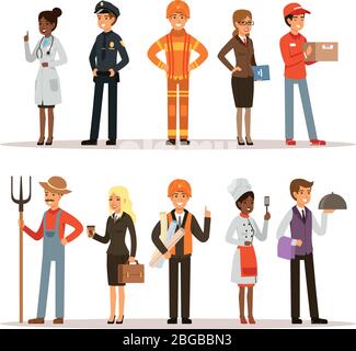 People group in different professions. Fireman, doctor and teacher. Builder, policeman and courier. Vector characters in action poses Stock Vector