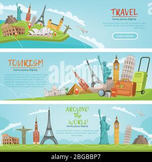 Vector design of three horizontal banners of travel illustrations and world landmarks. Pictures with place for your text Stock Vector
