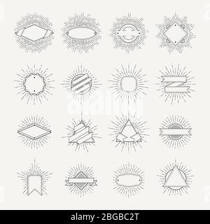 Stamp and badges collection. Different shapes and sunburst frames. Vintage monochrome banners and vector ribbons Stock Vector