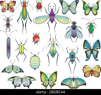 Colored insects isolate on white. Bugs and butterflies vector pictures set Stock Vector