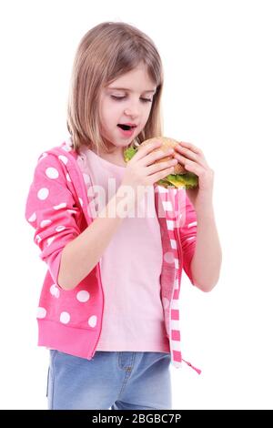 Beautiful little girl holding sandwich isolated on white Stock Photo