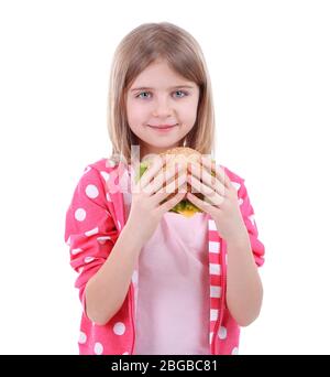 Beautiful little girl holding sandwich isolated on white Stock Photo