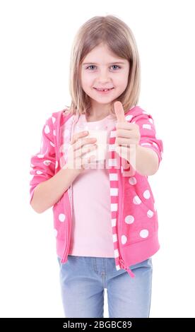 Beautiful little girl holding glass of milk isolated on white Stock Photo